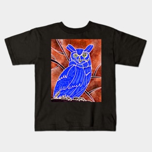 Boho Owl Blue on orange Kids T-Shirt